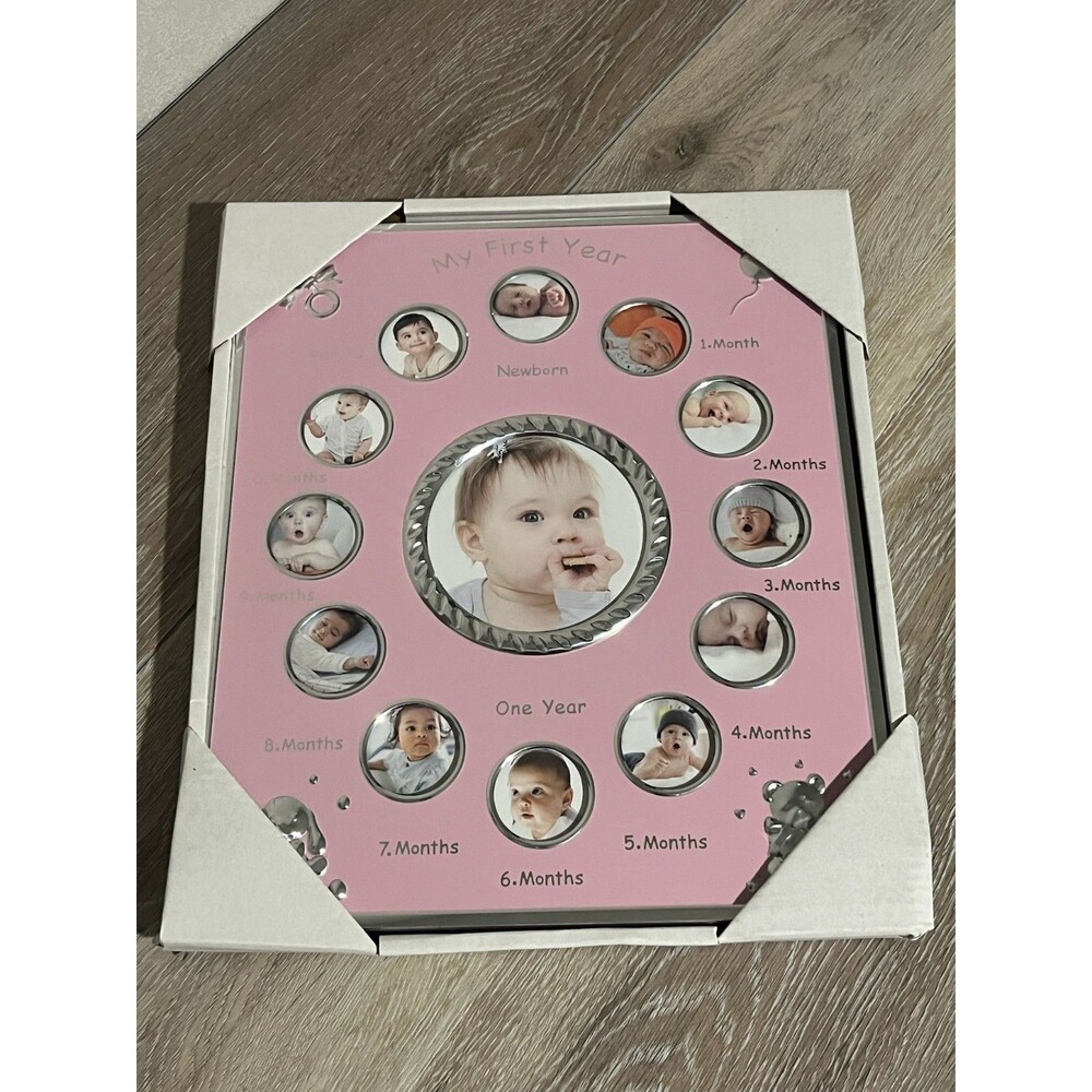 Pink Baby First Year Collage Frame with Spaces for 12 Photos and Newborn